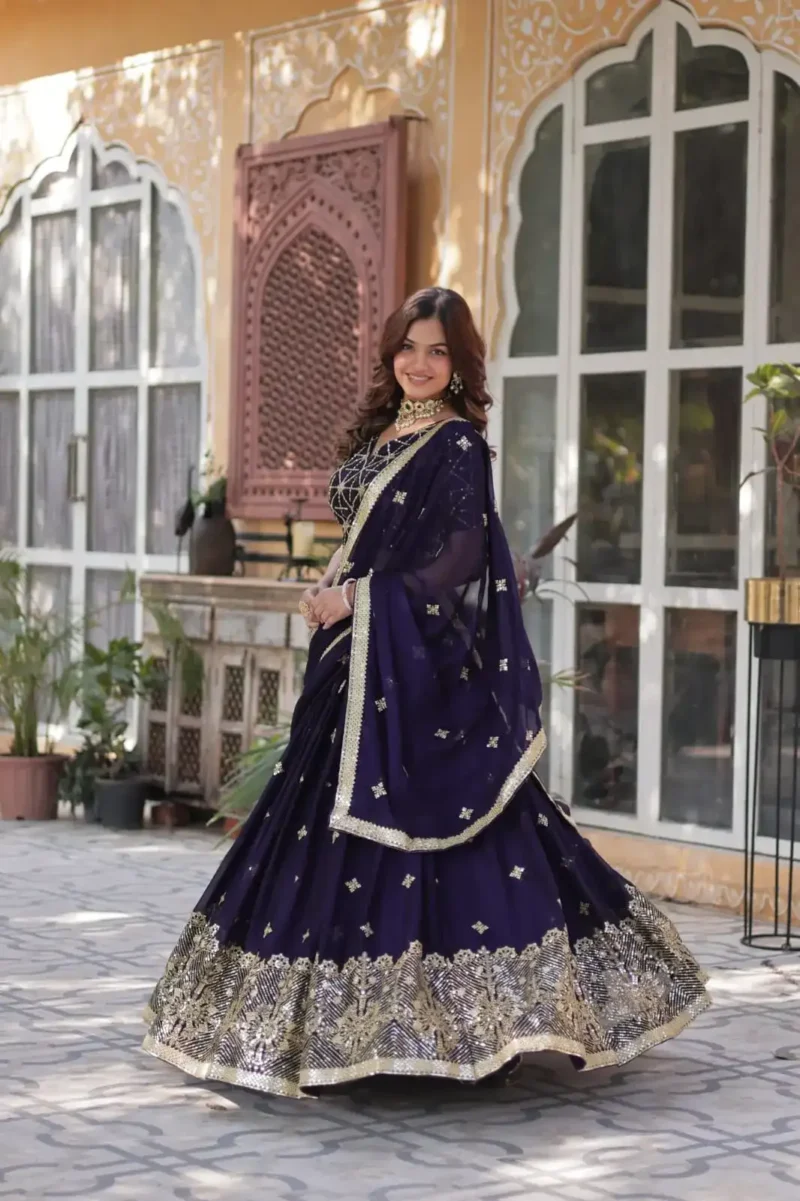 Dark Purple Heavy Sequins & Thread Embroidered Rangoli Silk Wedding Lehenga Choli