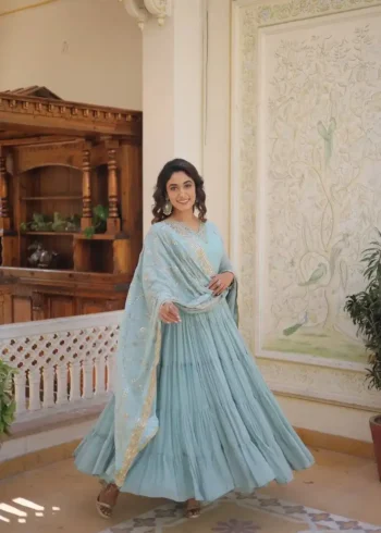 Designer V Neck Faux Gerogette Frill Stitched Designer Gown