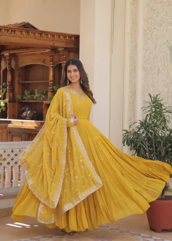 Designer V Neck Faux Gerogette Frill Stitched Designer Gown