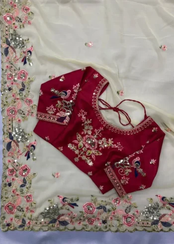 Cream Designer Wedding Saree with Embroidery Work