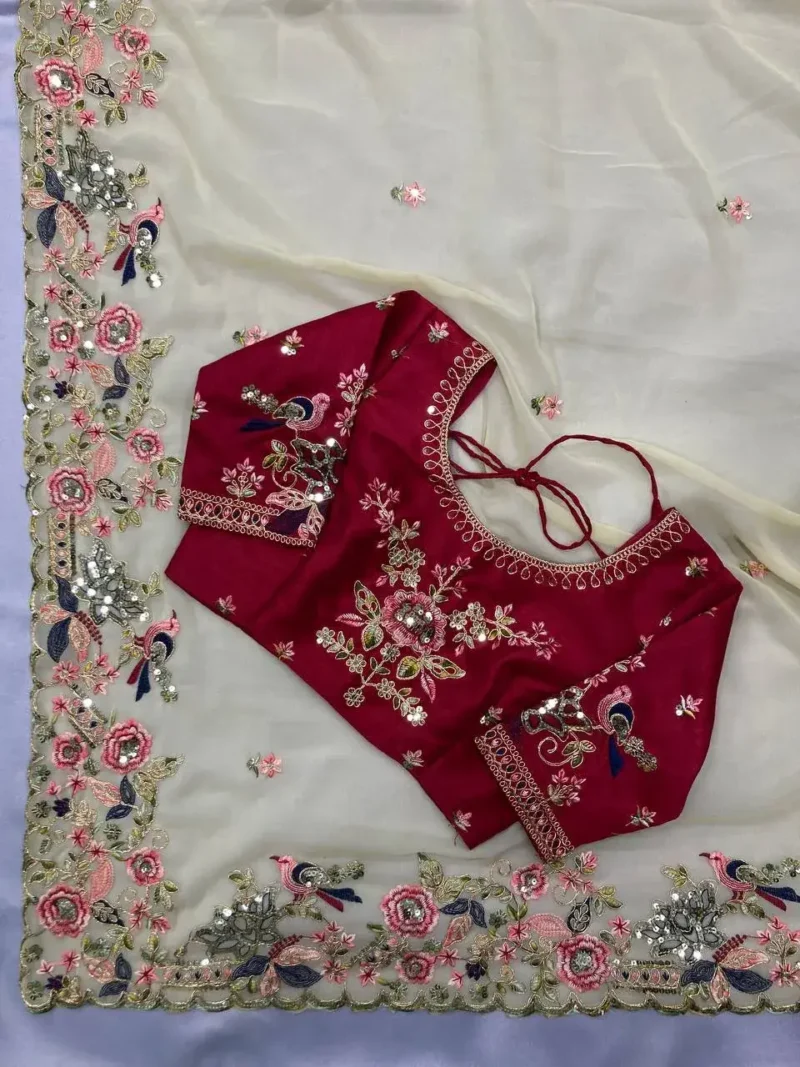 Cream Designer Wedding Saree with Embroidery Work