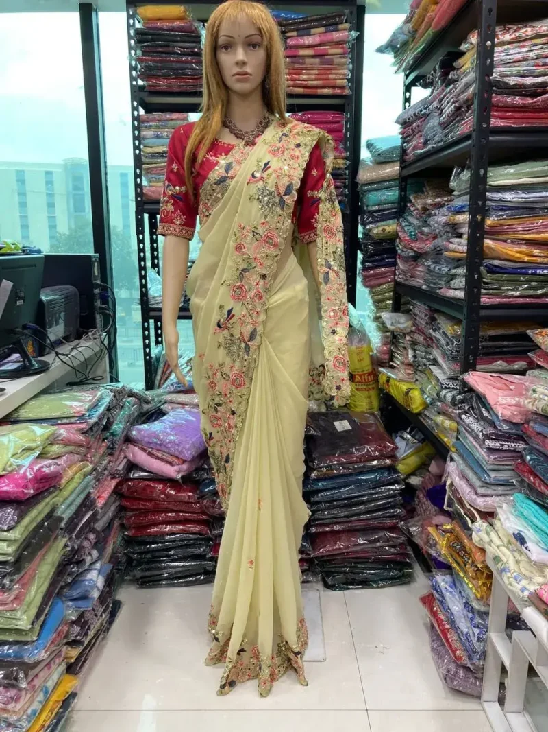 Cream Designer Wedding Saree with Embroidery Work