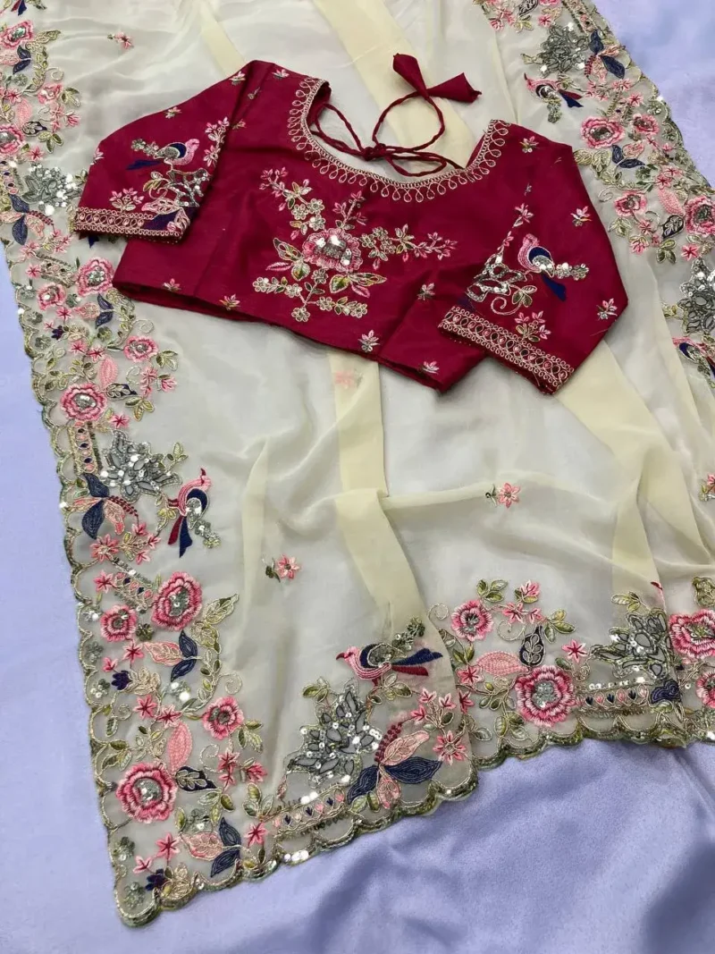 Cream Designer Wedding Saree with Embroidery Work
