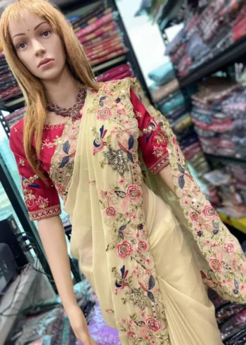 Cream Designer Wedding Saree with Embroidery Work
