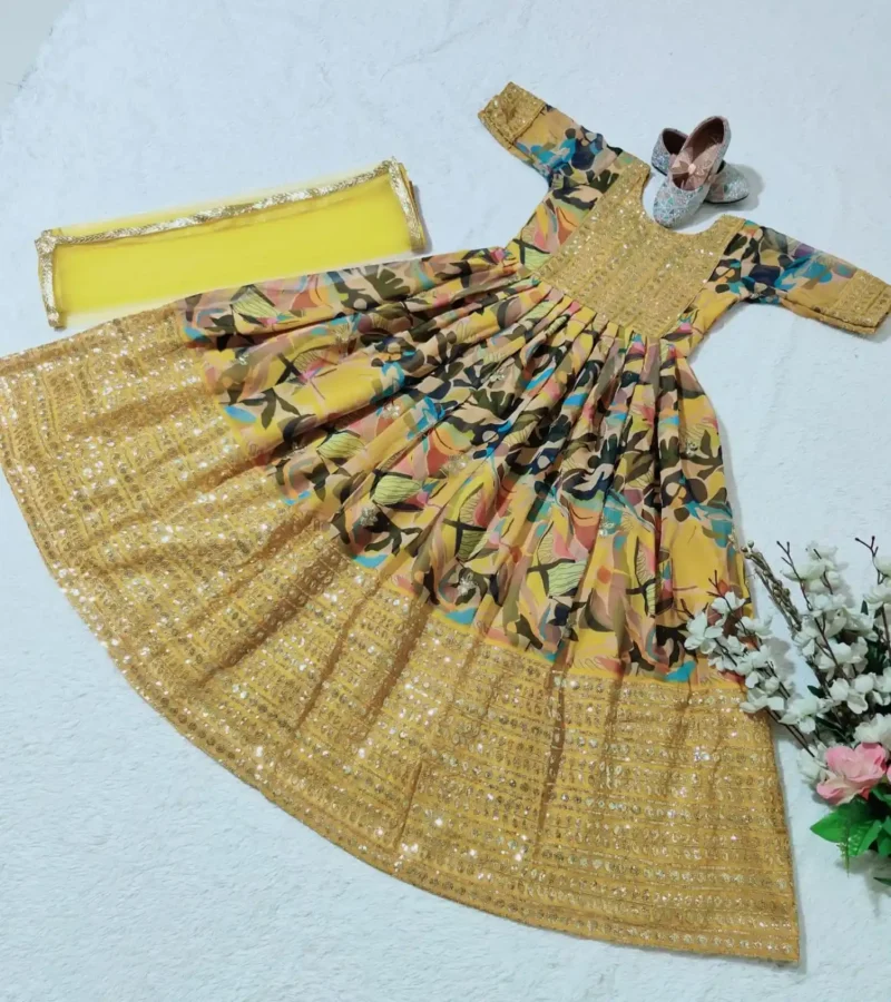 Digital Printed & Sequence Embroidered Gown for Kids