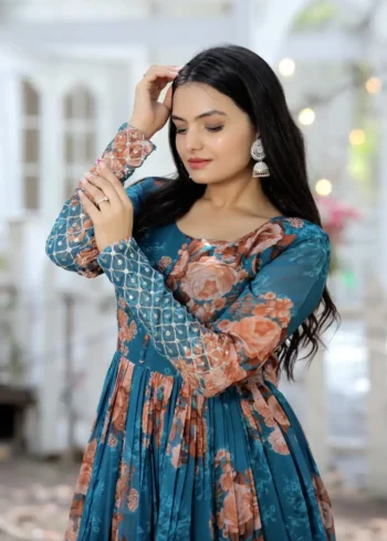 Digital Printed Faux Georgette Embroidery Zari Sequins Work Designer Gown