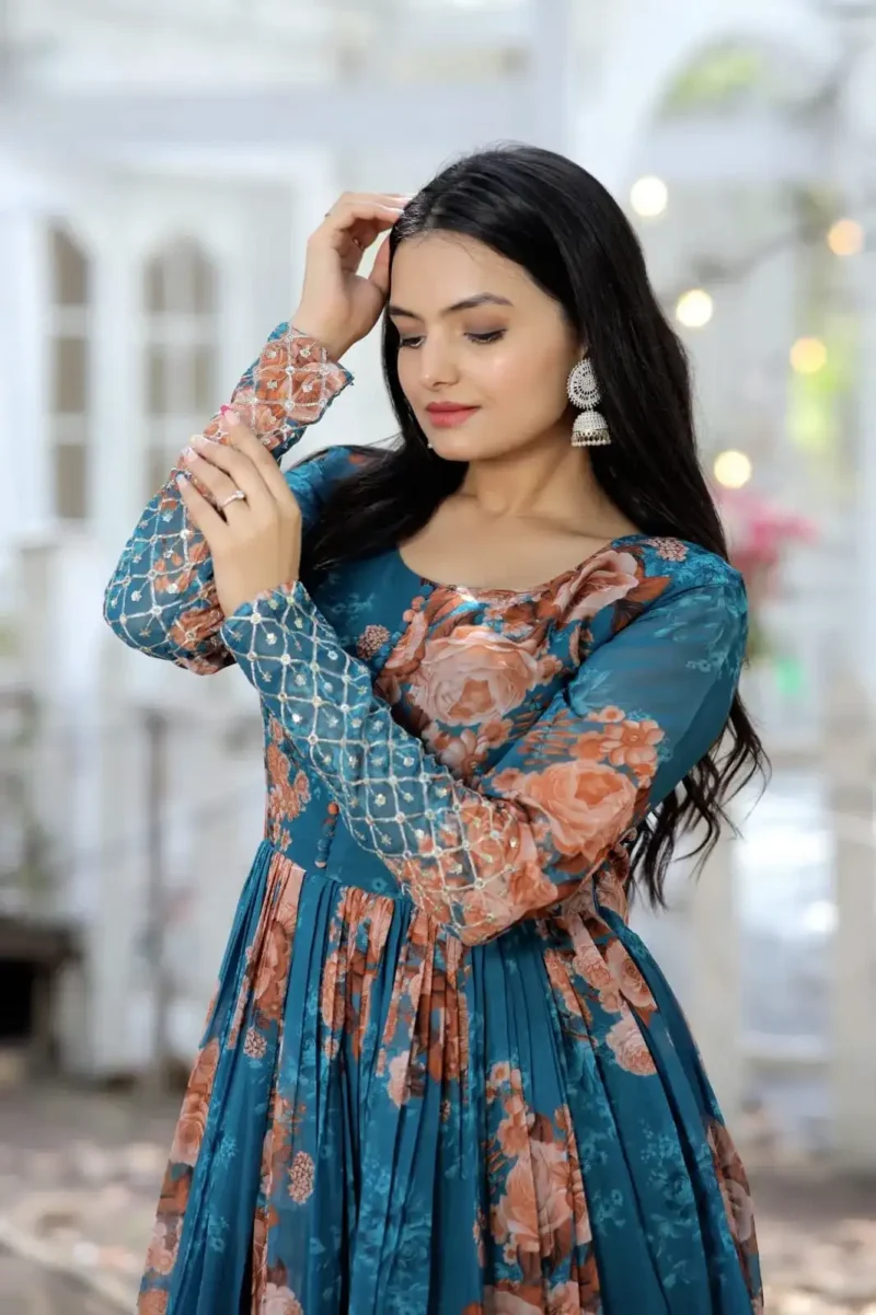 Digital Printed Faux Georgette Embroidery Zari Sequins Work Designer Gown