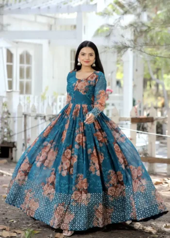 Digital Printed Faux Georgette Embroidery Zari Sequins Work Designer Gown