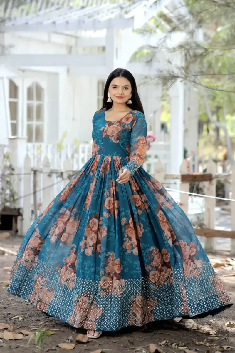 Digital Printed Faux Georgette Embroidery Zari Sequins Work Designer Gown