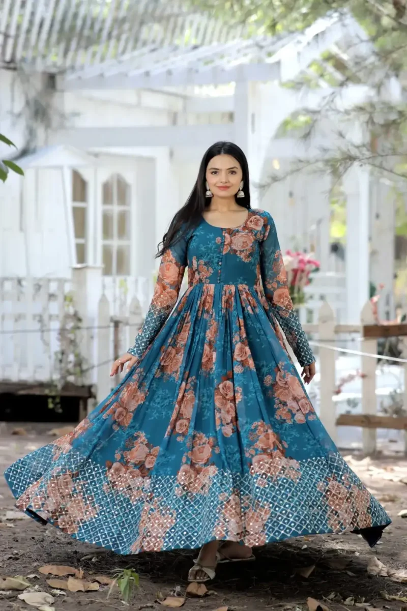 Digital Printed Faux Georgette Embroidery Zari Sequins Work Designer Gown
