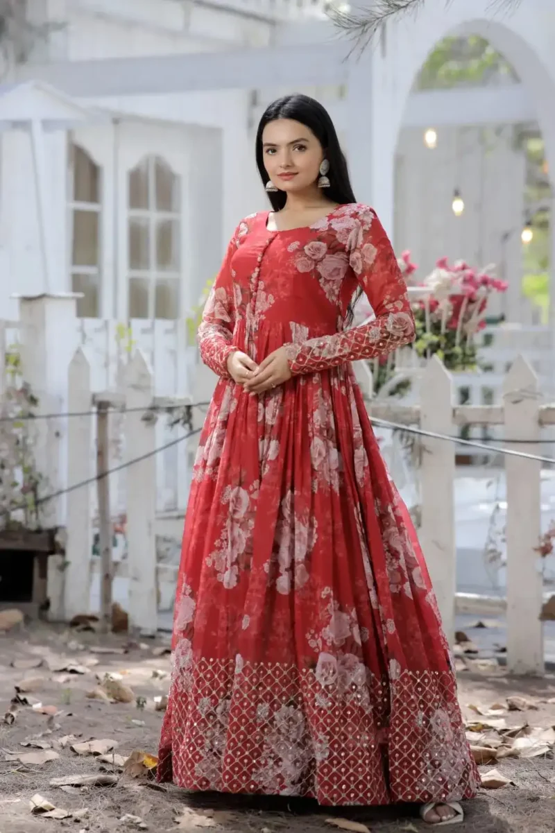 Digital Printed Faux Georgette Embroidery Zari Sequins Work Designer Gown