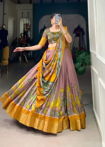 Dola Silk Kalamkari Printed Half Saree Lehenga Choli