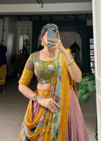 Dola Silk Kalamkari Printed Half Saree Lehenga Choli