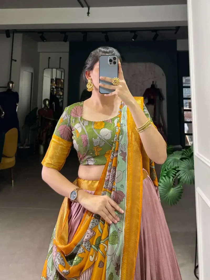 Dola Silk Kalamkari Printed Half Saree Lehenga Choli