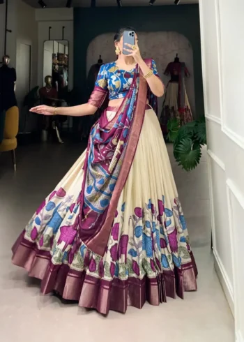 Dola Silk Kalamkari Printed Half Saree Lehenga Choli