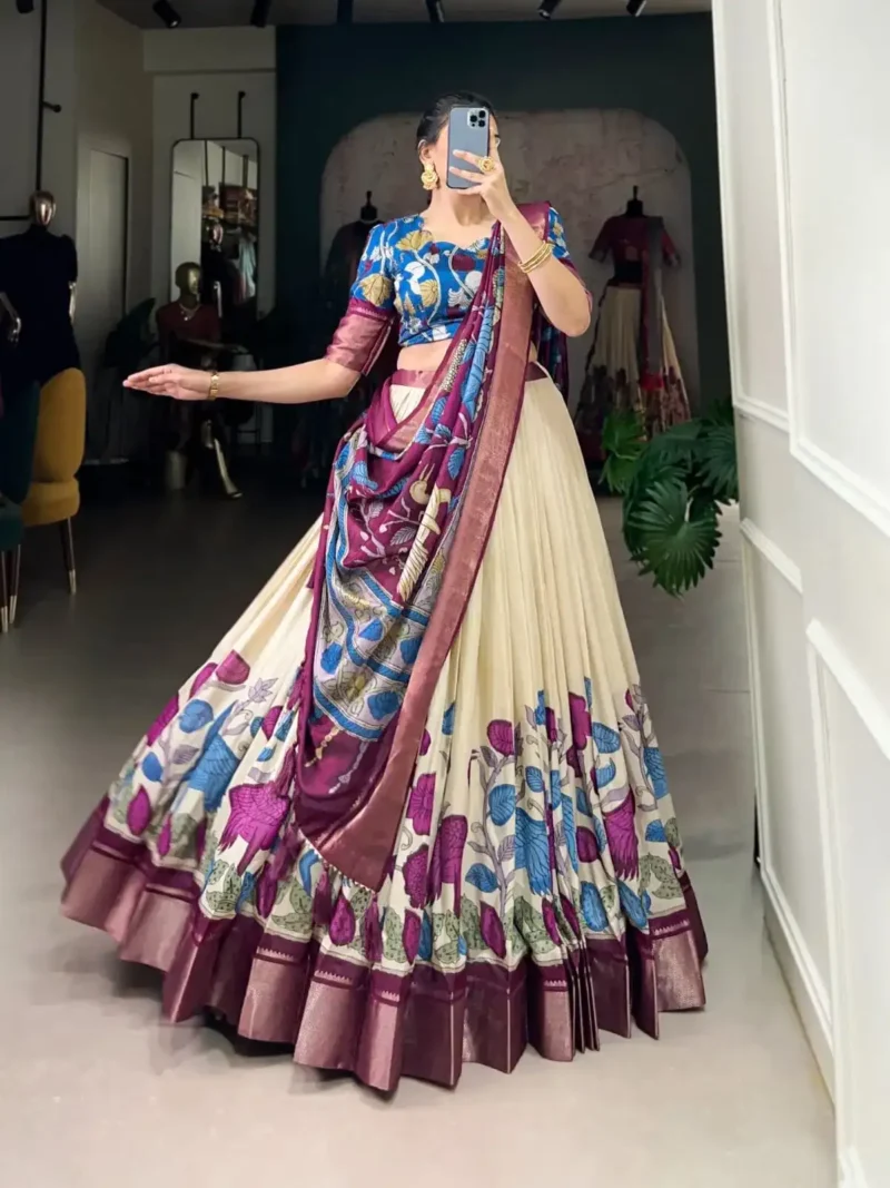 Dola Silk Kalamkari Printed Half Saree Lehenga Choli