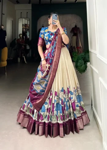 Dola Silk Kalamkari Printed Half Saree Lehenga Choli