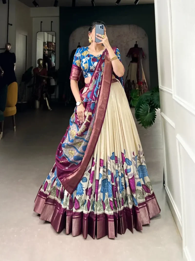 Dola Silk Kalamkari Printed Half Saree Lehenga Choli