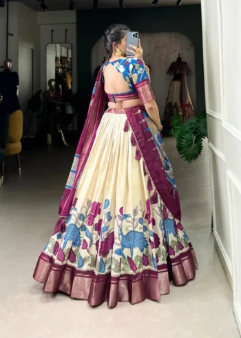 Dola Silk Kalamkari Printed Half Saree Lehenga Choli