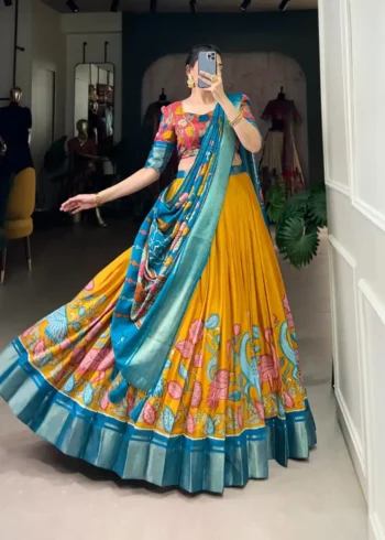 Dola Silk Kalamkari Printed Half Saree Lehenga Choli