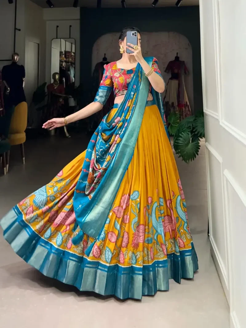 Dola Silk Kalamkari Printed Half Saree Lehenga Choli