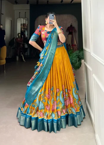 Dola Silk Kalamkari Printed Half Saree Lehenga Choli