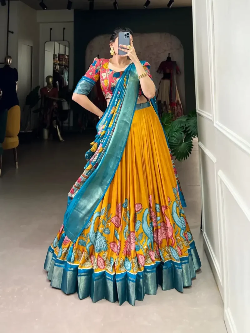 Dola Silk Kalamkari Printed Half Saree Lehenga Choli