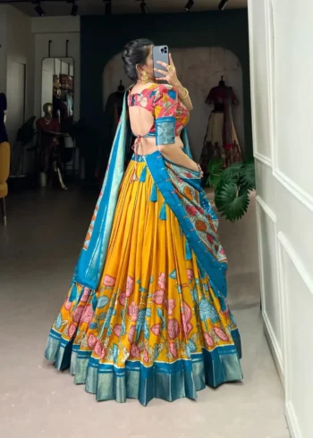 Dola Silk Kalamkari Printed Half Saree Lehenga Choli