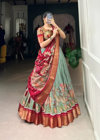 Dola Silk Kalamkari Printed Half Saree Lehenga Choli