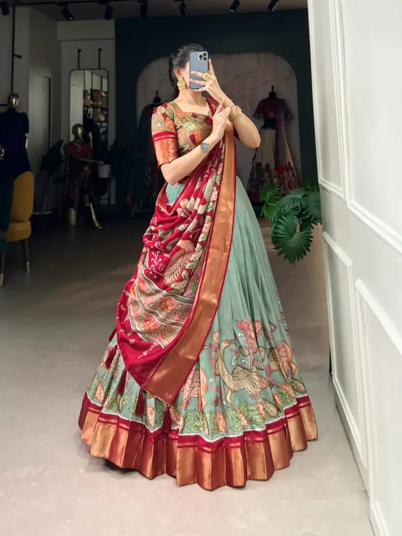 Dola Silk Kalamkari Printed Half Saree Lehenga Choli