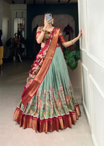 Dola Silk Kalamkari Printed Half Saree Lehenga Choli