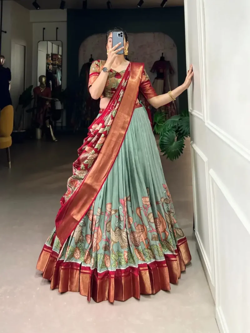 Dola Silk Kalamkari Printed Half Saree Lehenga Choli