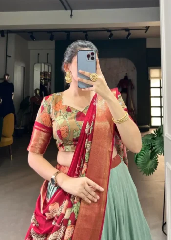 Dola Silk Kalamkari Printed Half Saree Lehenga Choli