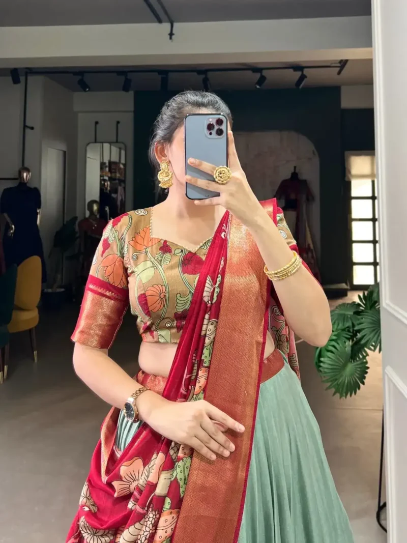 Dola Silk Kalamkari Printed Half Saree Lehenga Choli