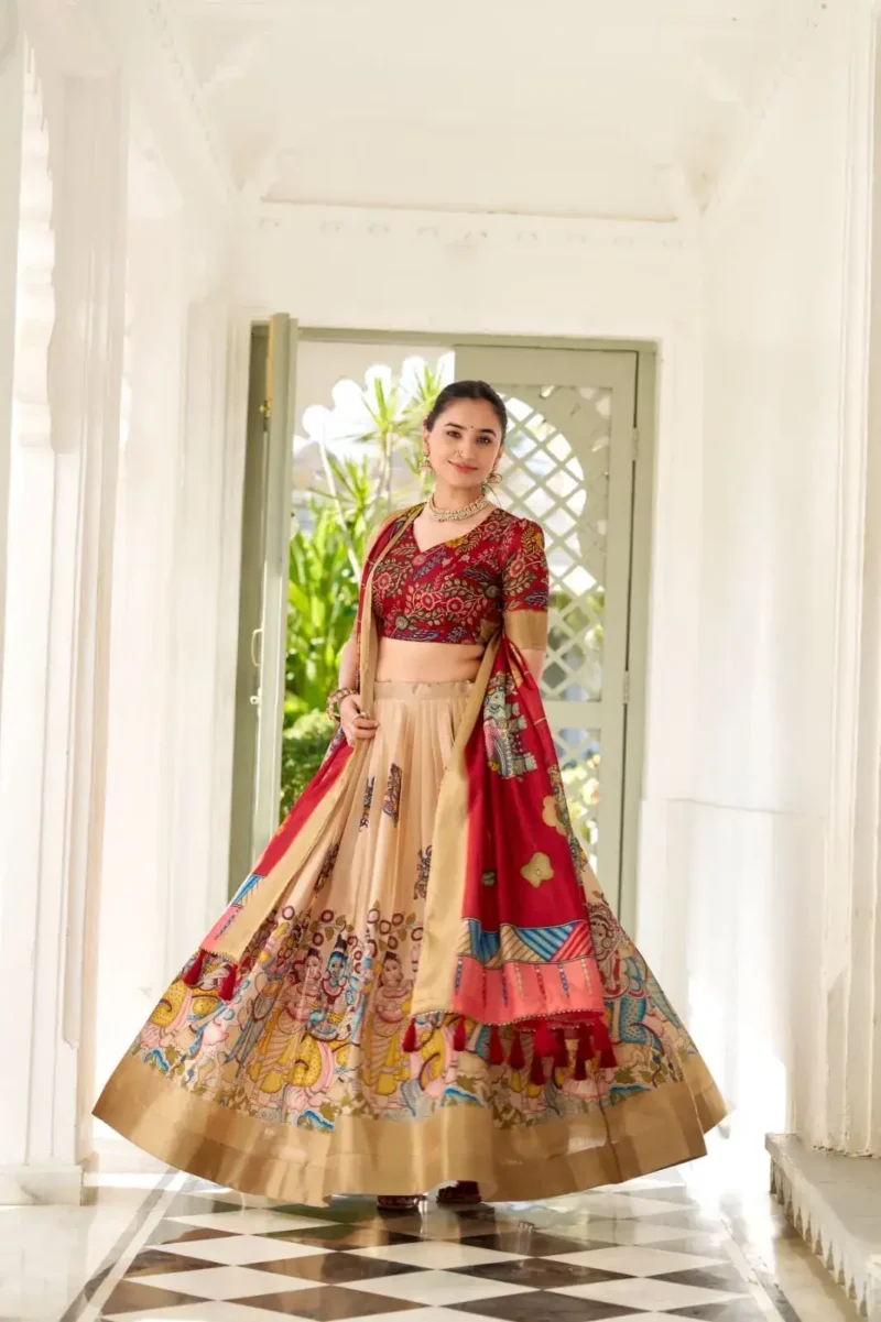 Dola Silk Weaving Border South Indian Half Saree Kalamkari Printed Lehenga