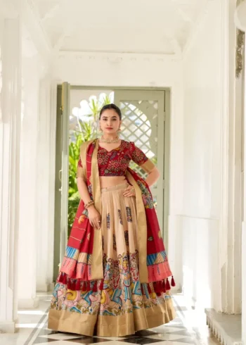 Dola Silk Weaving Border South Indian Half Saree Kalamkari Printed Lehenga