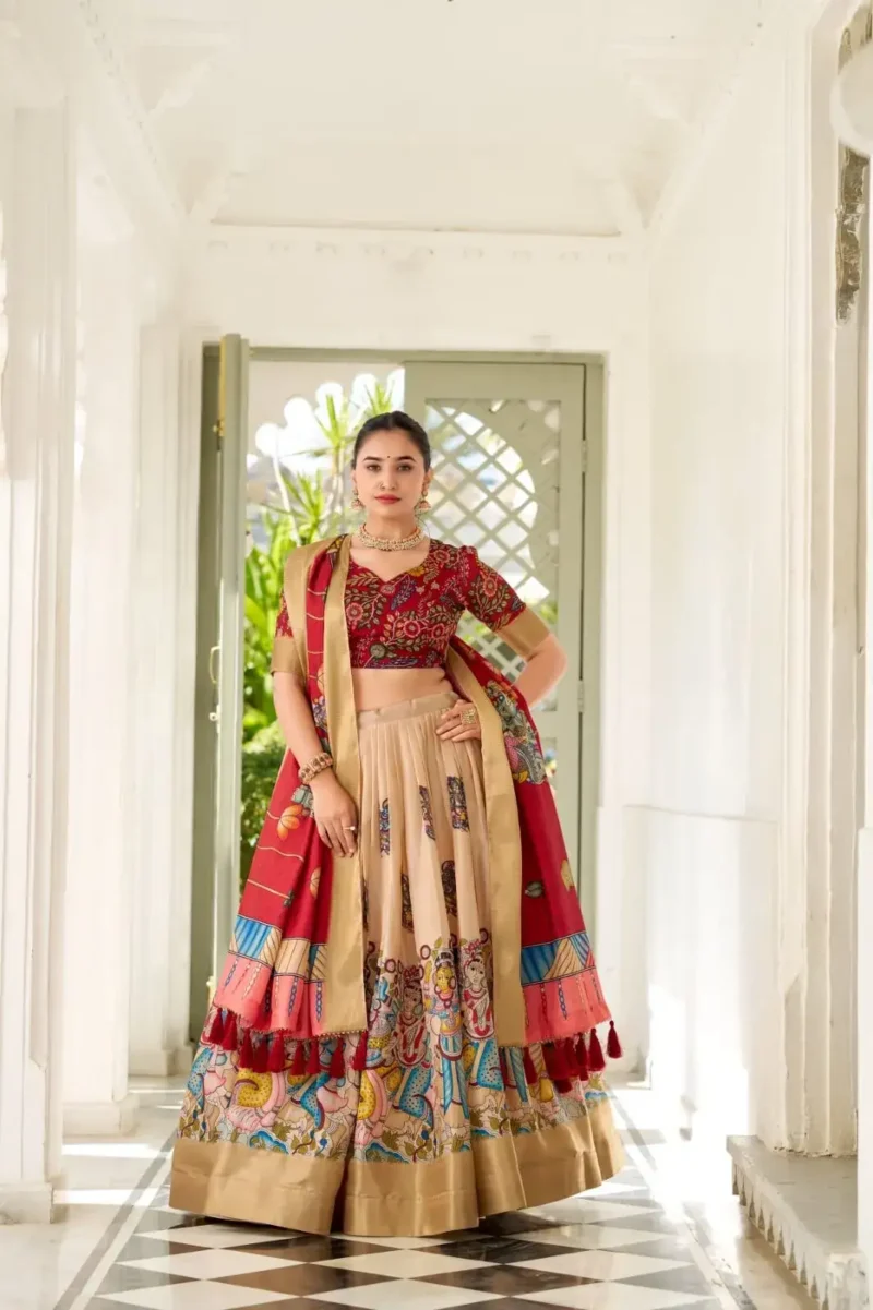 Dola Silk Weaving Border South Indian Half Saree Kalamkari Printed Lehenga