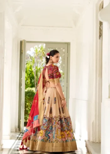 Dola Silk Weaving Border South Indian Half Saree Kalamkari Printed Lehenga