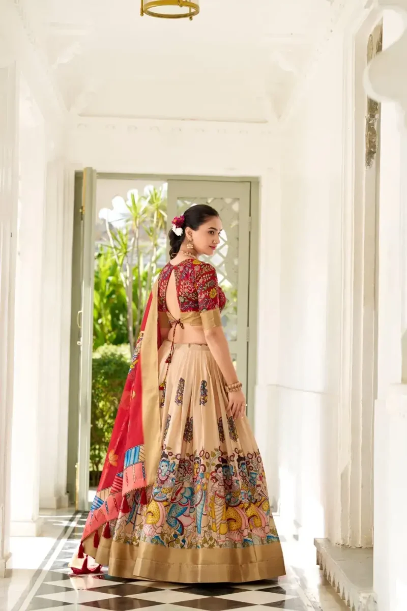 Dola Silk Weaving Border South Indian Half Saree Kalamkari Printed Lehenga