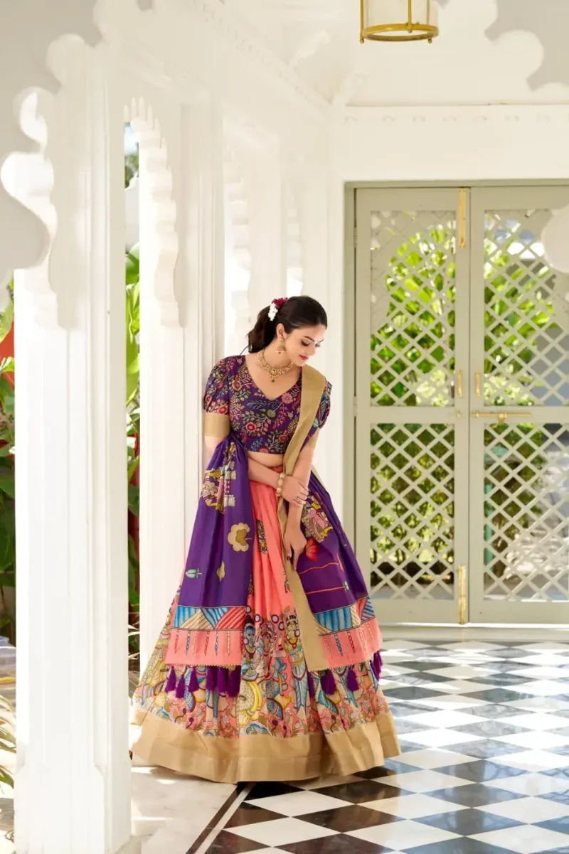 Dola Silk Weaving Border South Indian Half Saree Kalamkari Printed Lehenga