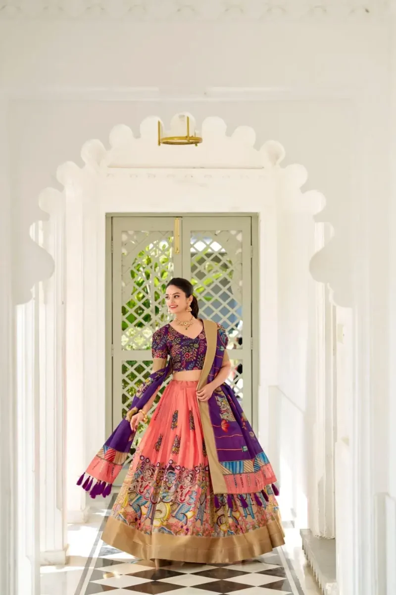 Dola Silk Weaving Border South Indian Half Saree Kalamkari Printed Lehenga