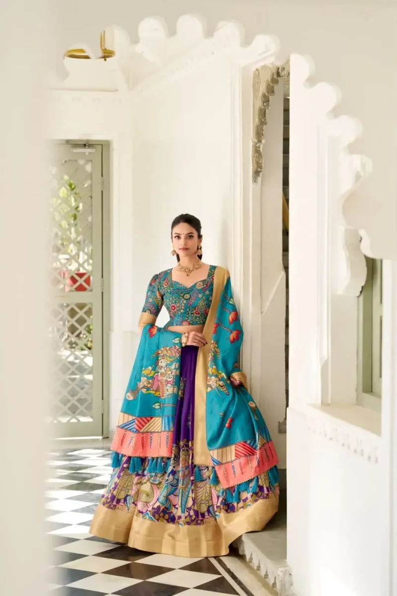 Dola Silk Weaving Border South Indian Half Saree Kalamkari Printed Lehenga