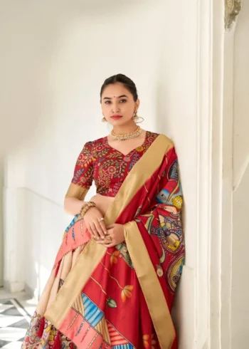 Dola Silk Weaving Border South Indian Half Saree Kalamkari Printed Lehenga