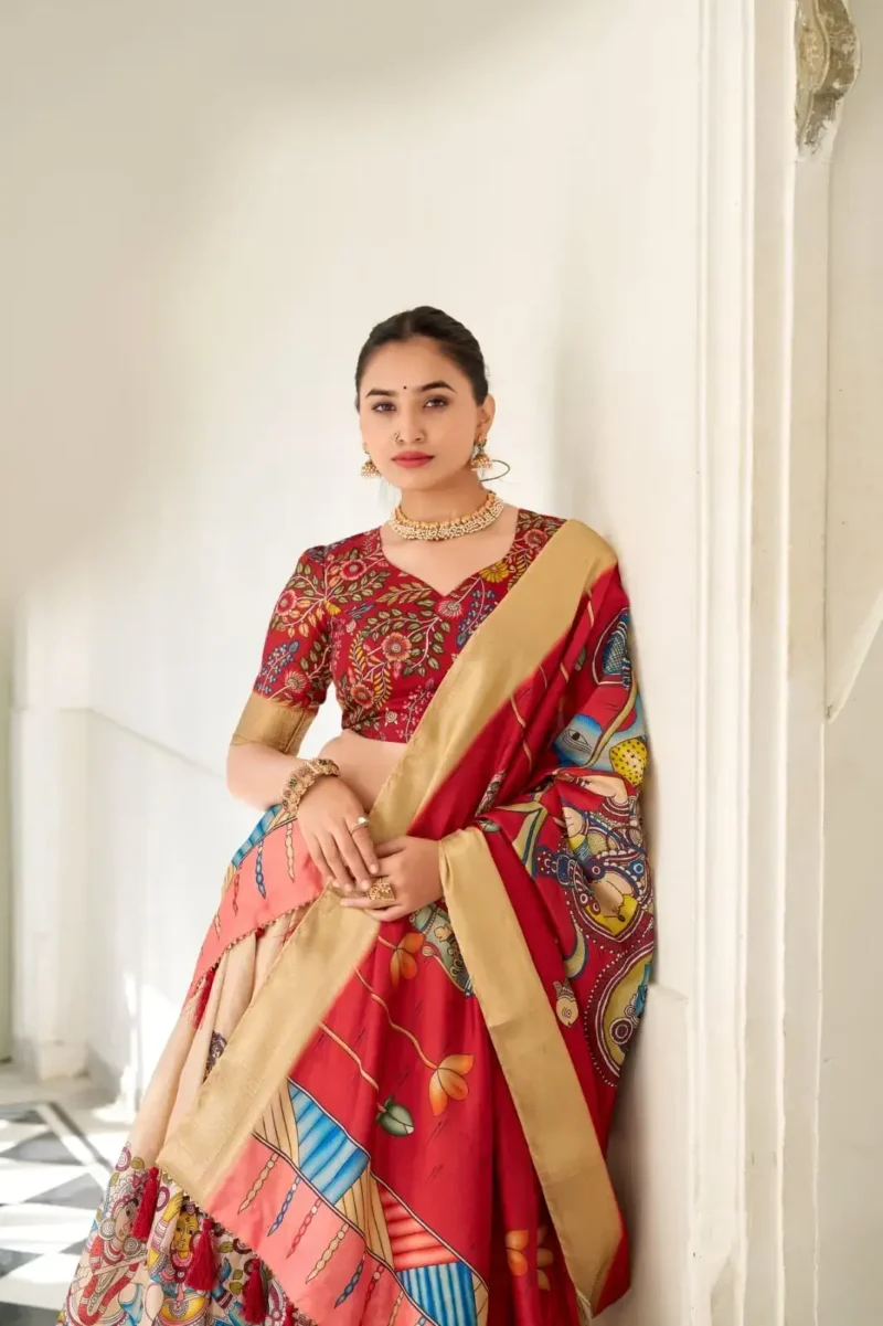 Dola Silk Weaving Border South Indian Half Saree Kalamkari Printed Lehenga