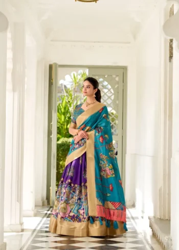 Dola Silk Weaving Border South Indian Half Saree Kalamkari Printed Lehenga