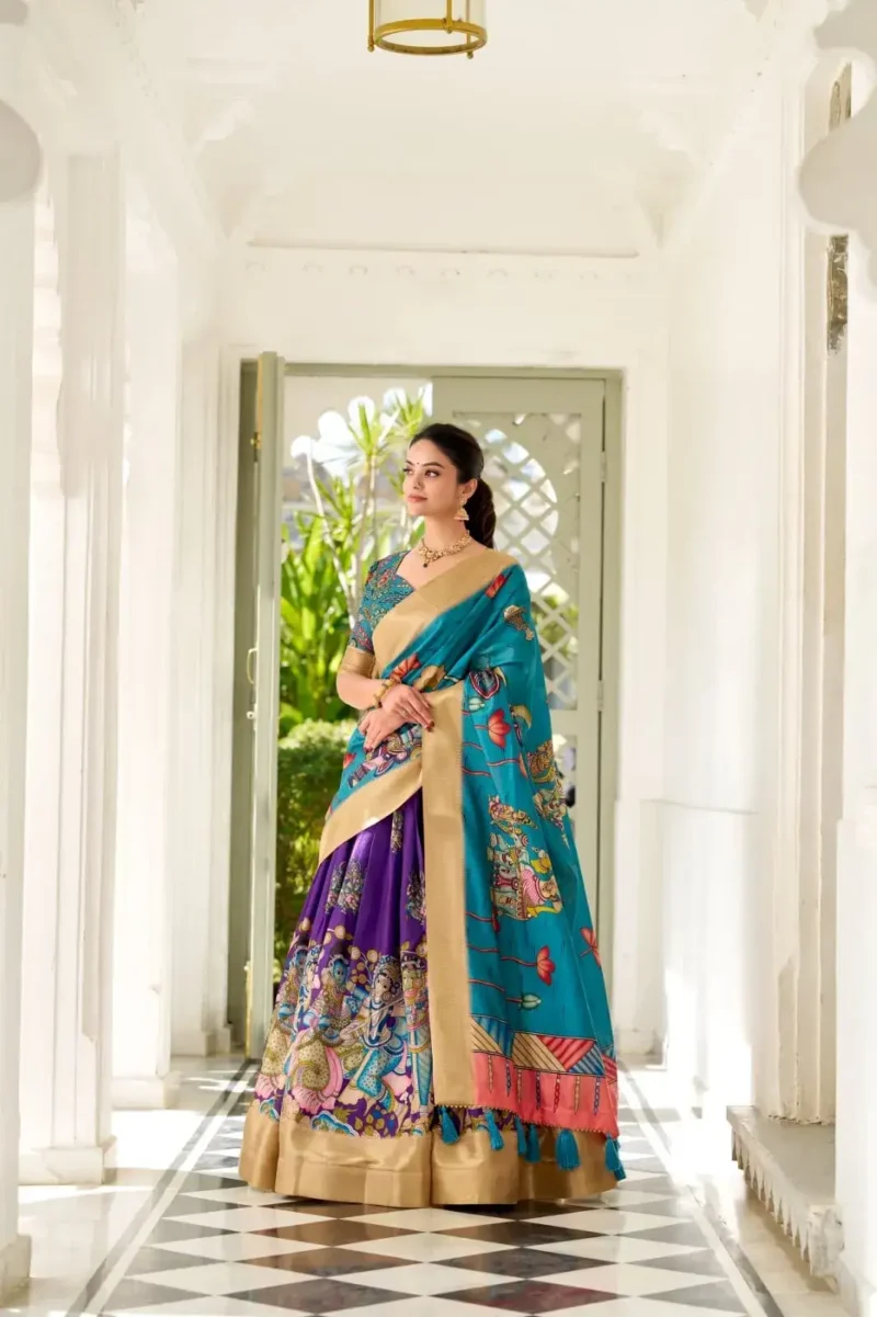 Dola Silk Weaving Border South Indian Half Saree Kalamkari Printed Lehenga