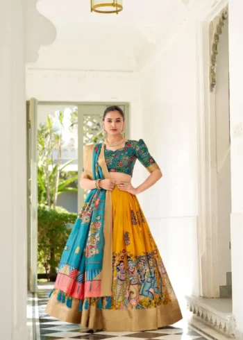 Dola Silk Weaving Border South Indian Half Saree Kalamkari Printed Lehenga