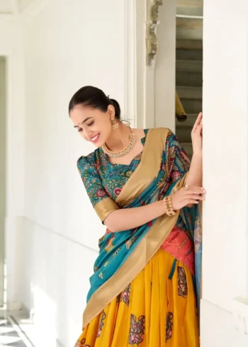 Dola Silk Weaving Border South Indian Half Saree Kalamkari Printed Lehenga