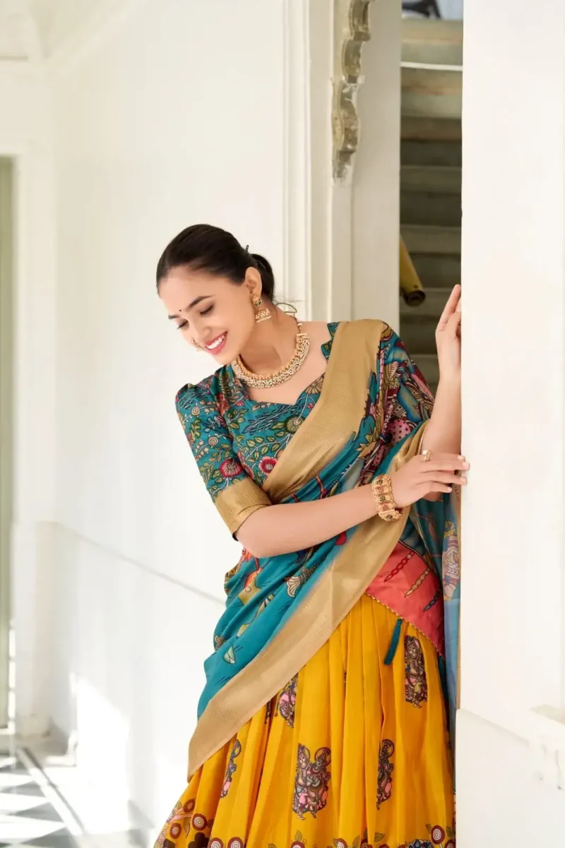 Dola Silk Weaving Border South Indian Half Saree Kalamkari Printed Lehenga