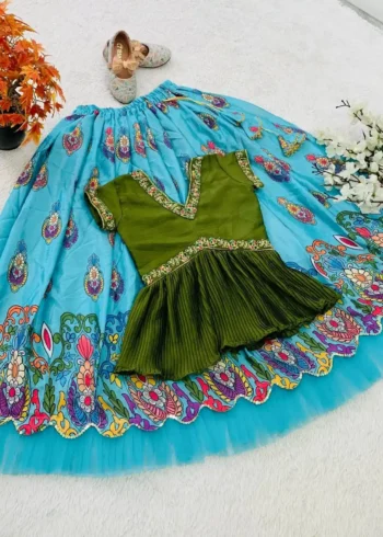 Embroidered Crush Work Chinon Silk Lehenga for Kids